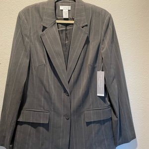 Worthington Works gray blazer with slight white and pink pin strip